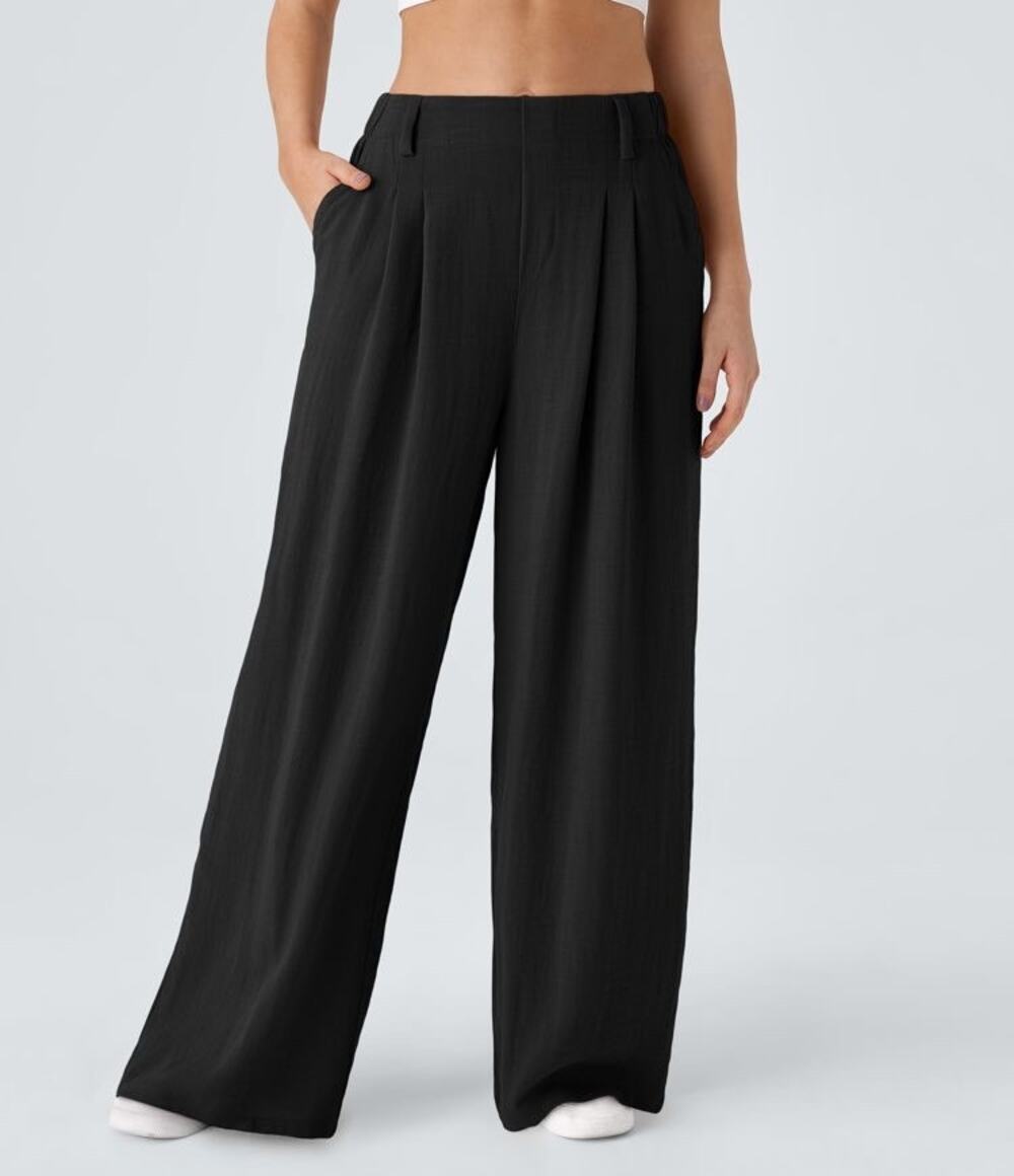 Halara Wide Leg Flowy Solid Palazzo Casual Linen Feel Pants Black XL